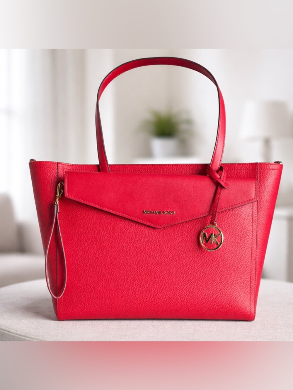 Michael Kors Red Pebbled Leather Tote 3-Piece Set Purse w/ Pouch & Wristlet